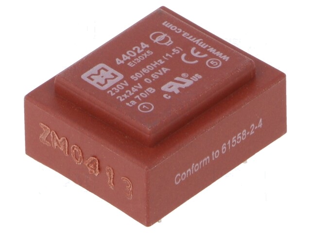 Transformator: ingegoten; 0,6VA; 230VAC; 24V; 24V; 12mA; 12mA; PCB Transformator: ingegoten; 0,6VA; 230VAC; 24V; 24V; 12mA; 12mA; PCB